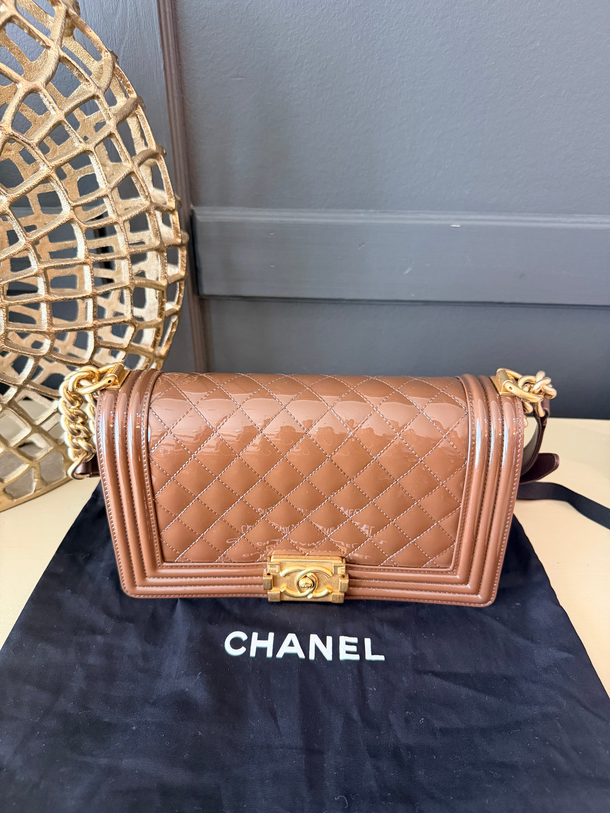 Chanel Boy Shoulder Bag | Brown Patent Leather