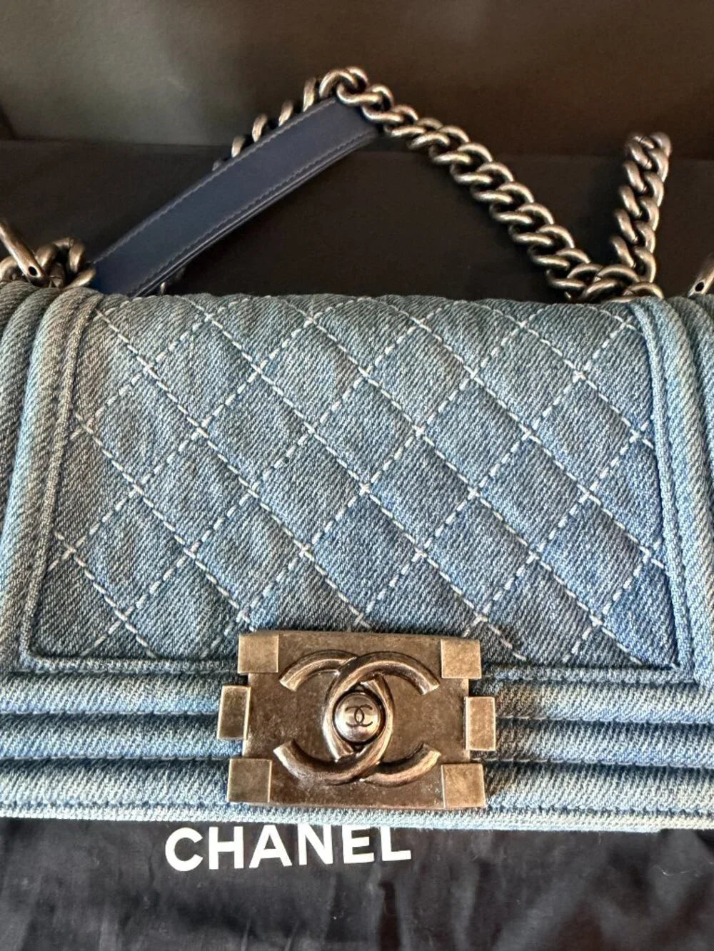 Chanel Small Boy Flap Denim | Blue with Ruthenium Hardware — photo 12
