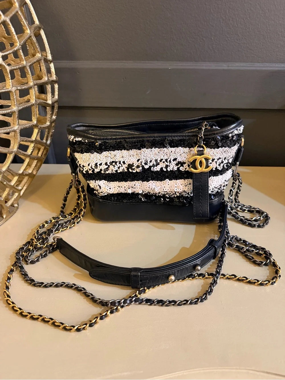 Chanel Gabrielle Small Hobo | Black & White Sequin Stripe — photo 1