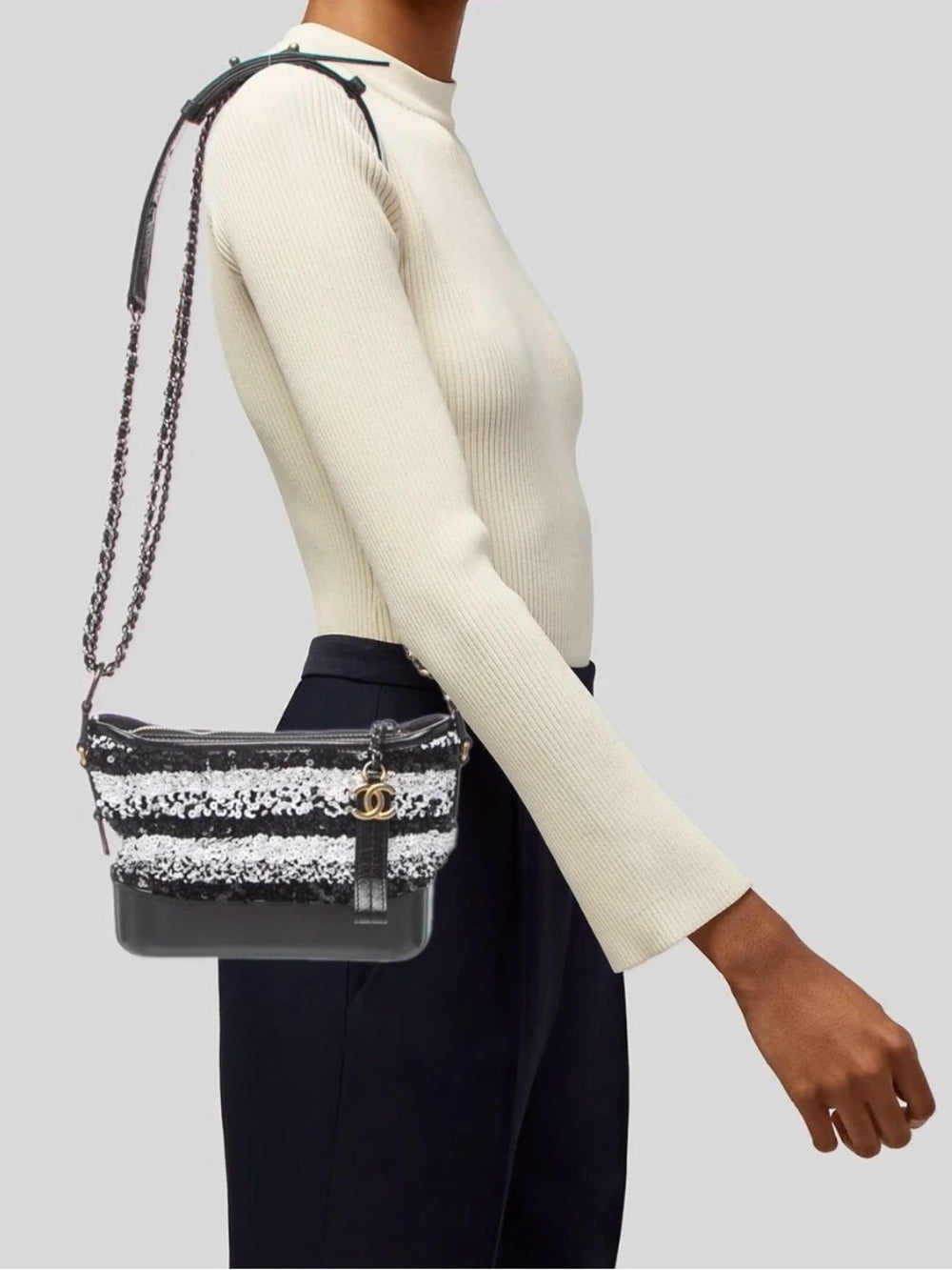 Chanel Gabrielle Small Hobo | Black & White Sequin Stripe — photo 2