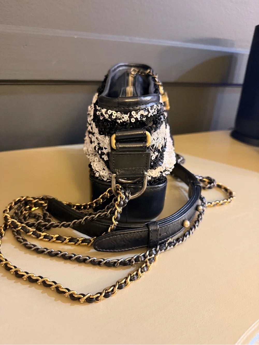 Chanel Gabrielle Small Hobo | Black & White Sequin Stripe — photo 4