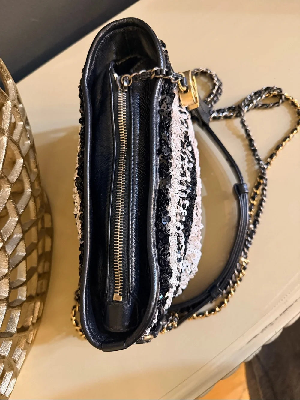Chanel Gabrielle Small Hobo | Black & White Sequin Stripe — photo 5