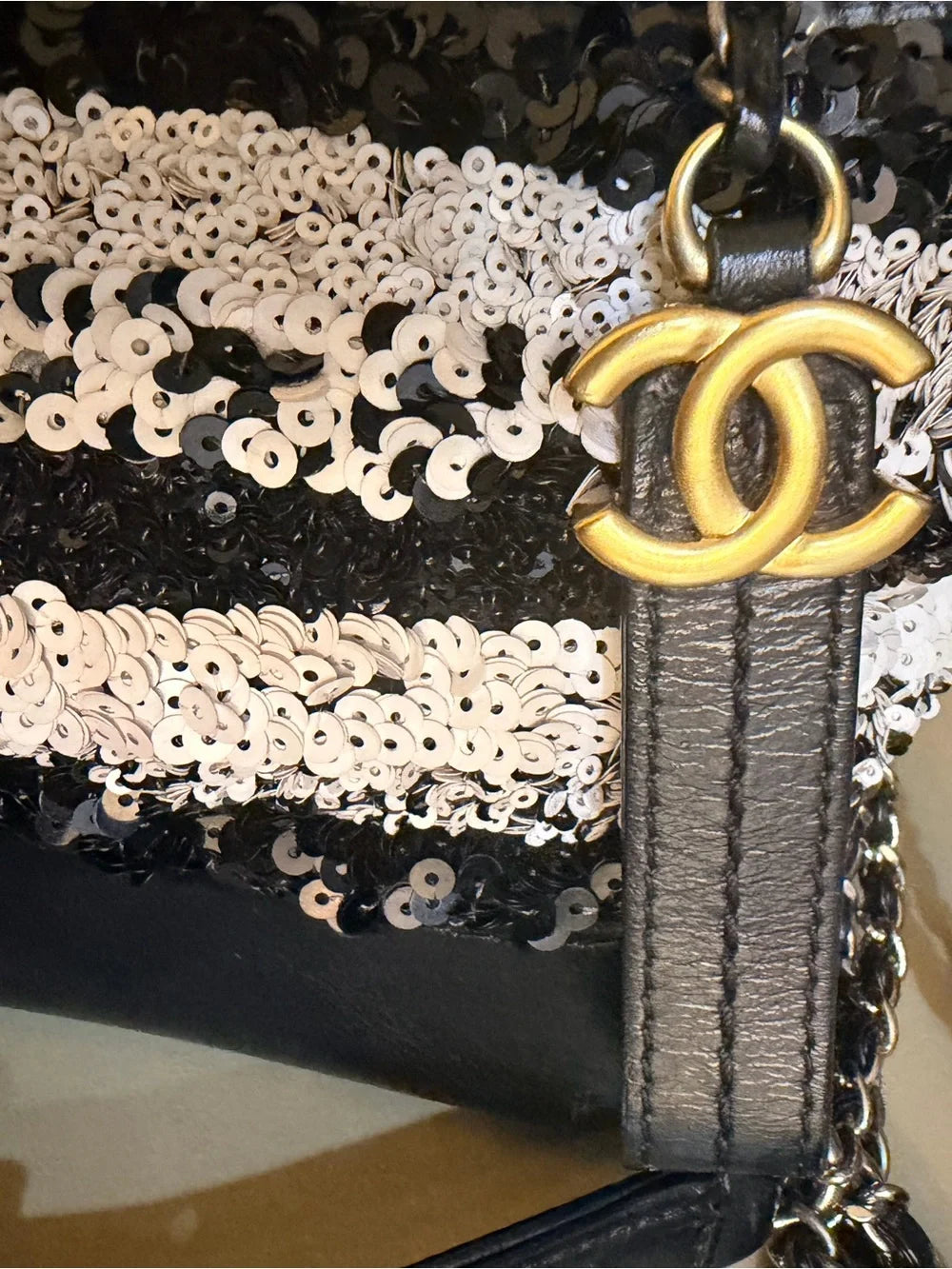 Chanel Gabrielle Small Hobo | Black & White Sequin Stripe — photo 6