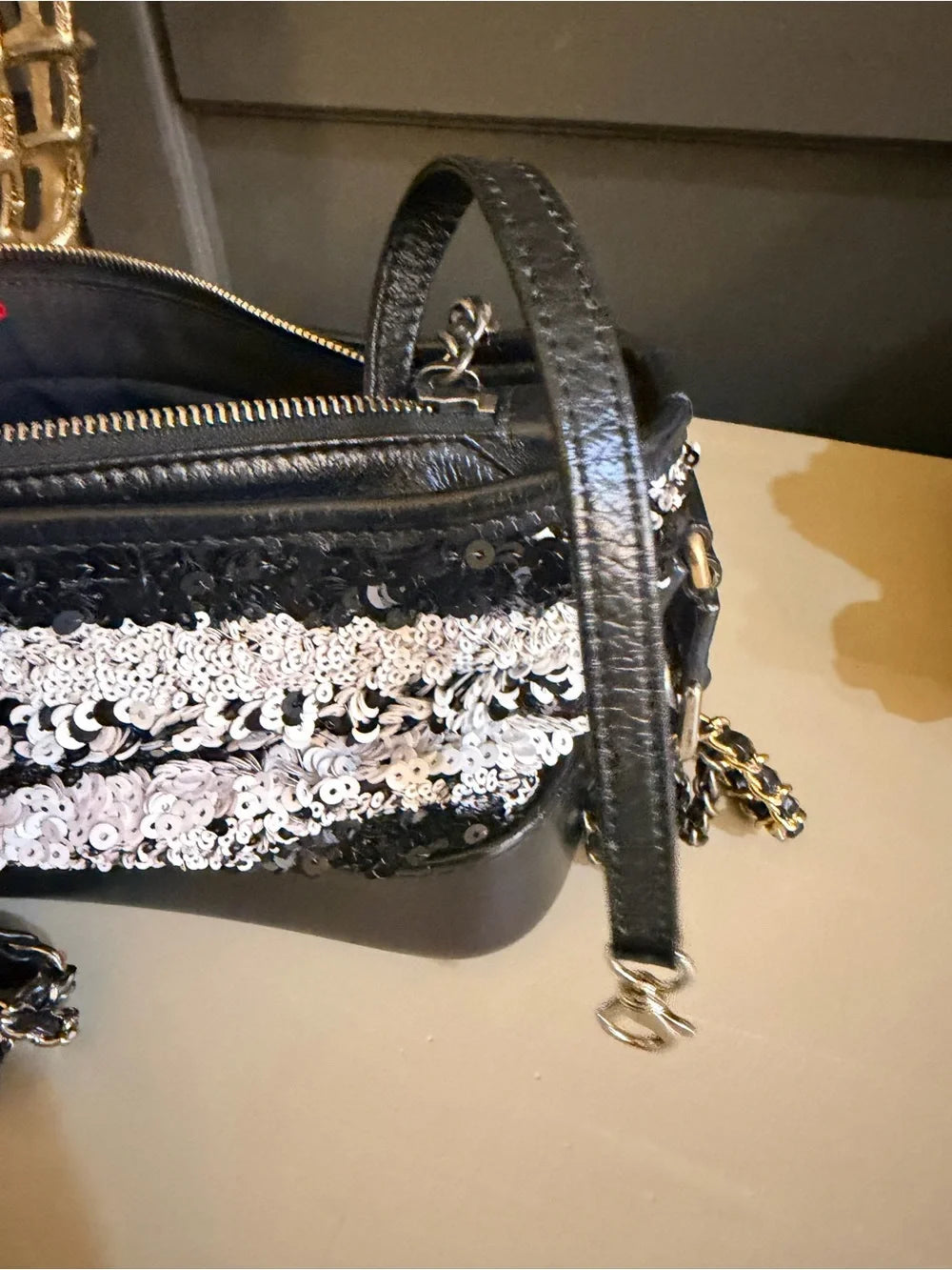 Chanel Gabrielle Small Hobo | Black & White Sequin Stripe — photo 10