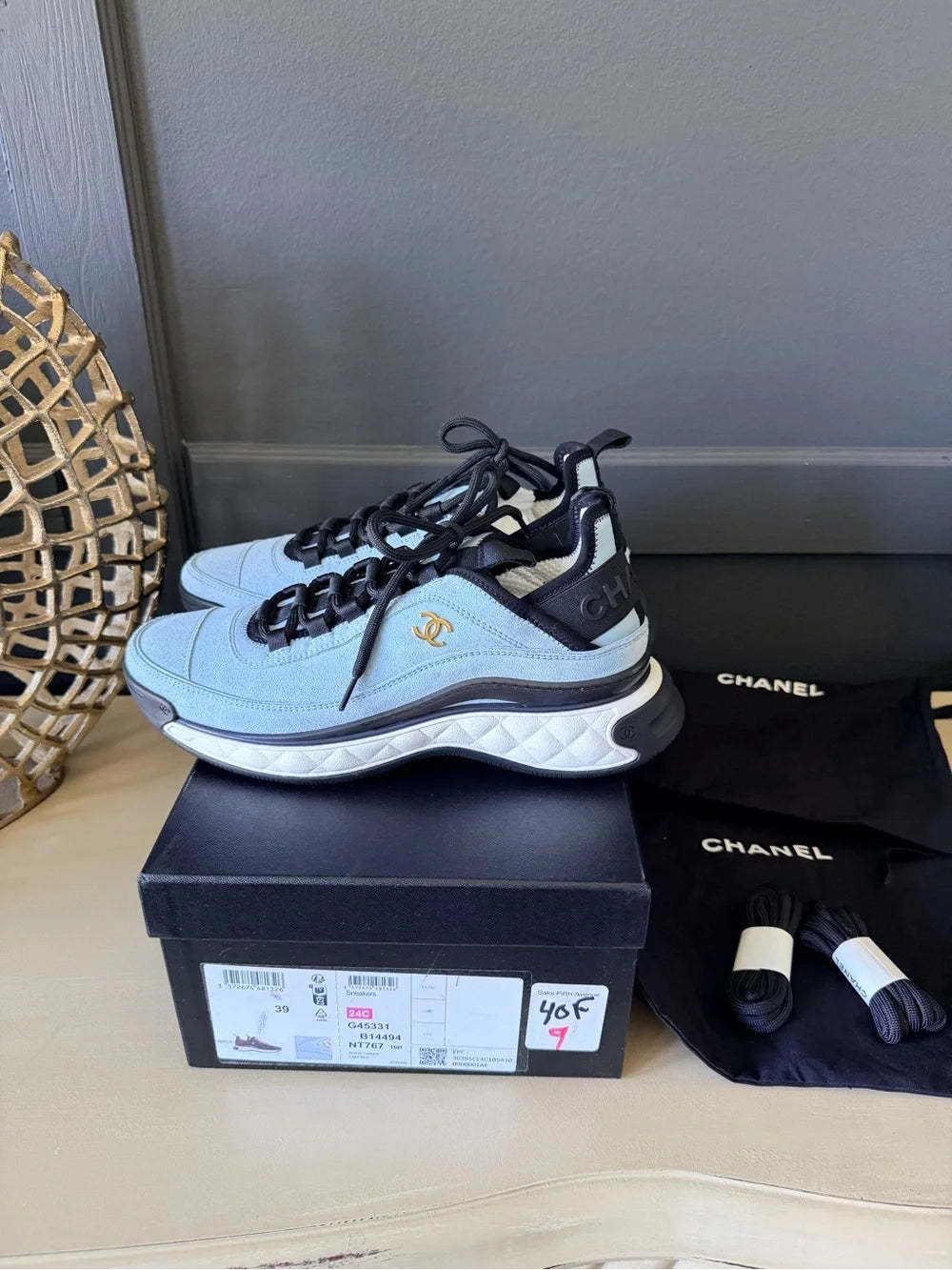 Chanel Light Blue Suede Calfskin Sneakers | EU 39 | New in Box — photo 2