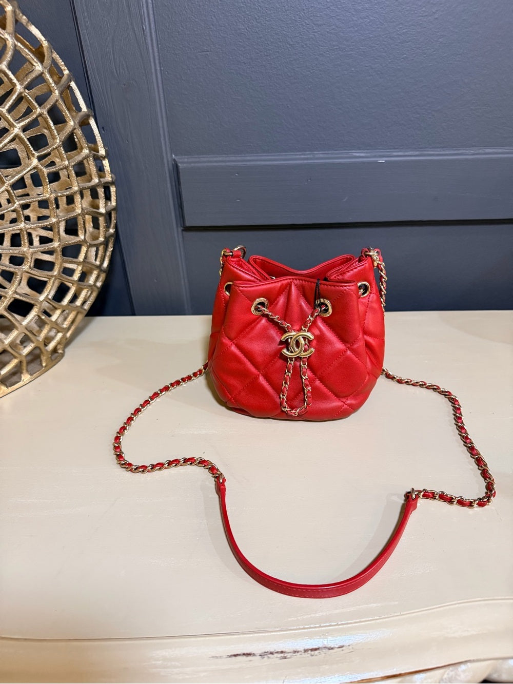 Chanel CC Chain Drawstring Mini Bucket Bag | Red Quilted Lambskin — photo 2