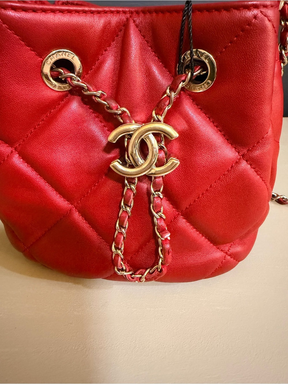 Chanel CC Chain Drawstring Mini Bucket Bag | Red Quilted Lambskin — photo 3