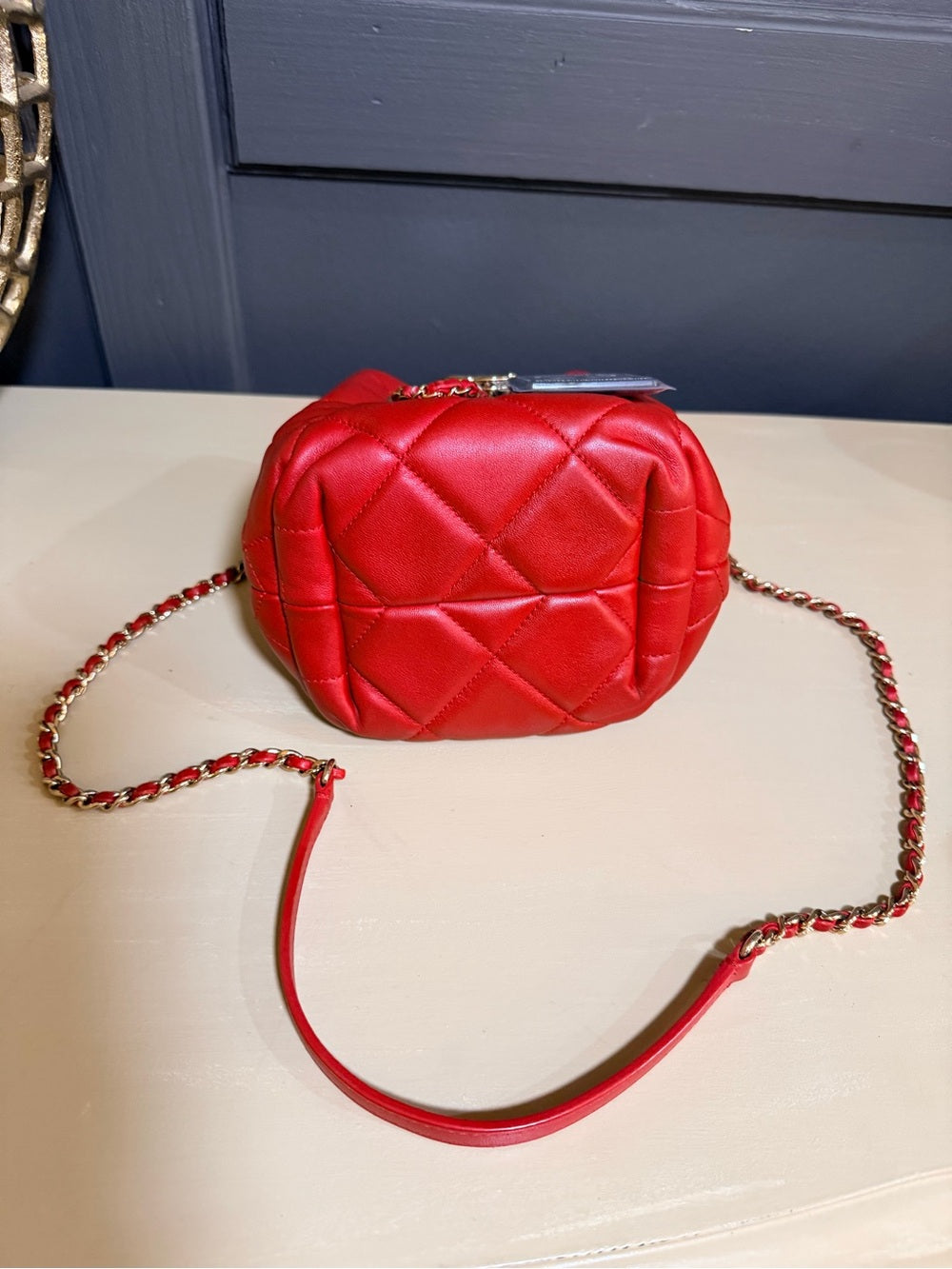 Chanel CC Chain Drawstring Mini Bucket Bag | Red Quilted Lambskin — photo 4