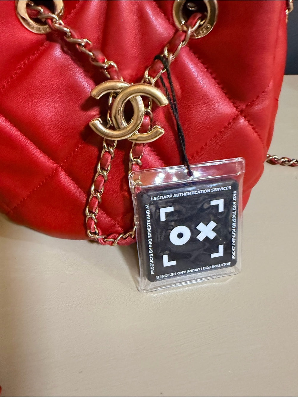 Chanel CC Chain Drawstring Mini Bucket Bag | Red Quilted Lambskin — photo 5