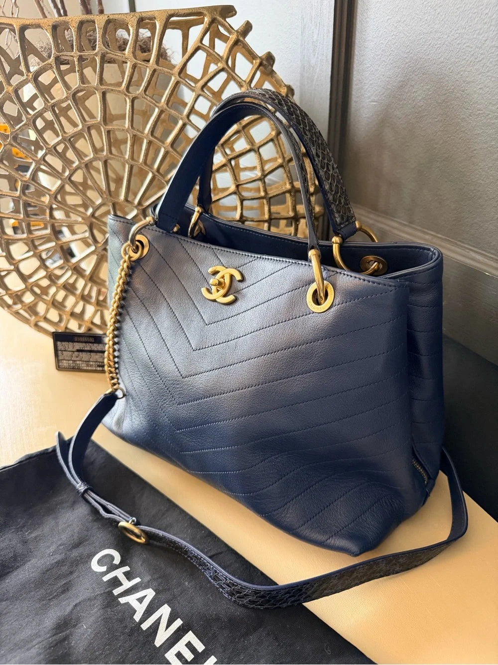 Chanel Chevron Chic Small Shopping Tote | Blue Calfskin & Python Trim — photo 2