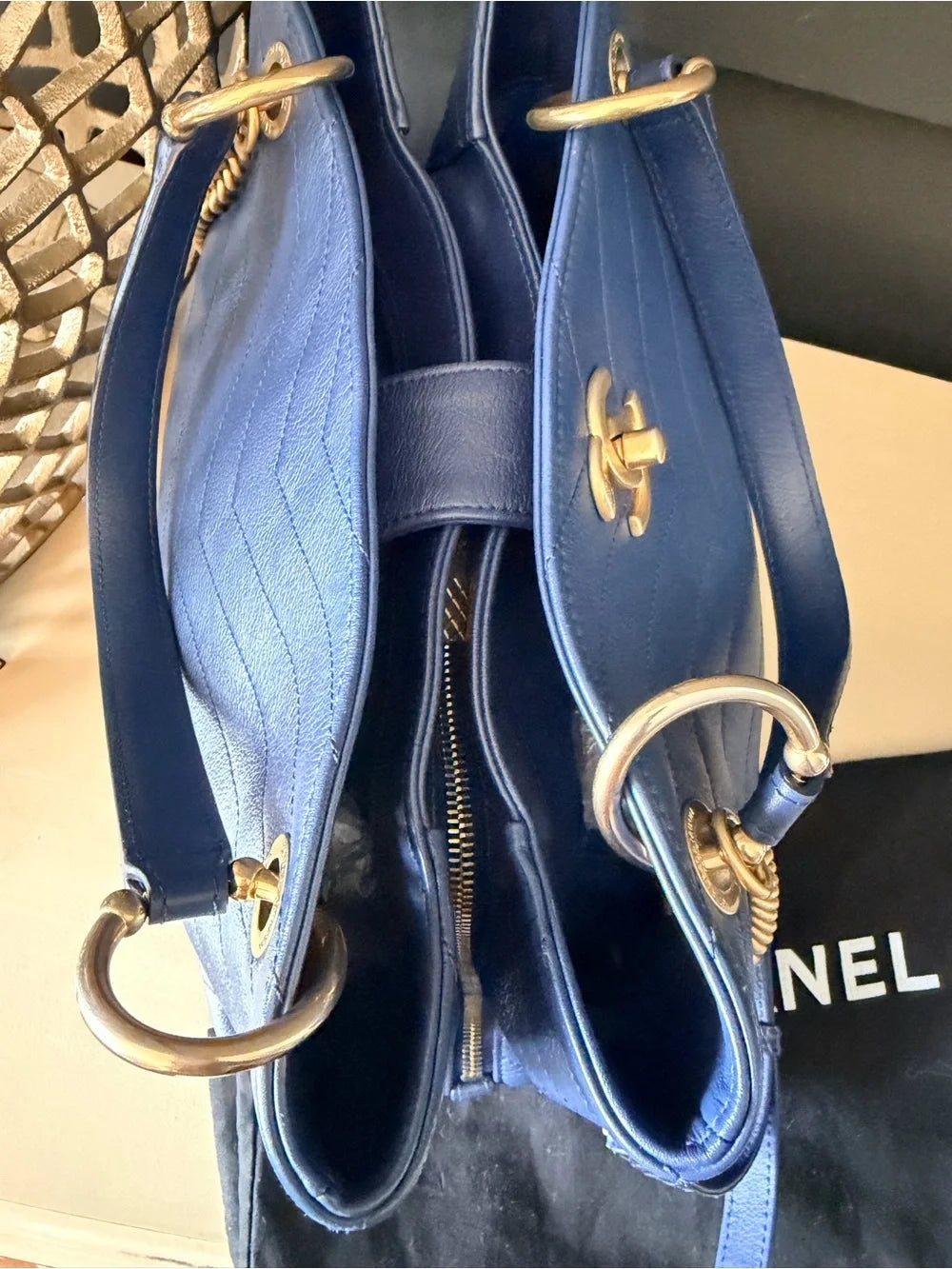 Chanel Chevron Chic Small Shopping Tote | Blue Calfskin & Python Trim — photo 4