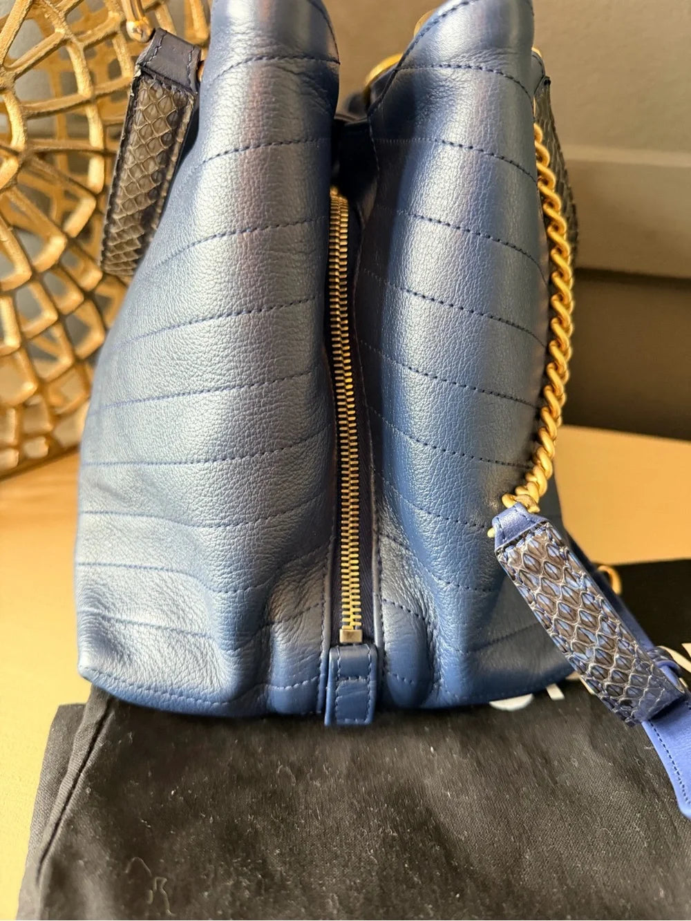 Chanel Chevron Chic Small Shopping Tote | Blue Calfskin & Python Trim — photo 5