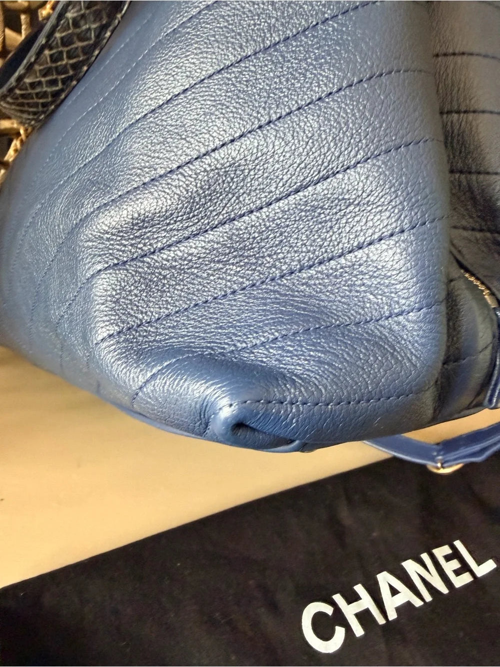 Chanel Chevron Chic Small Shopping Tote | Blue Calfskin & Python Trim — photo 6
