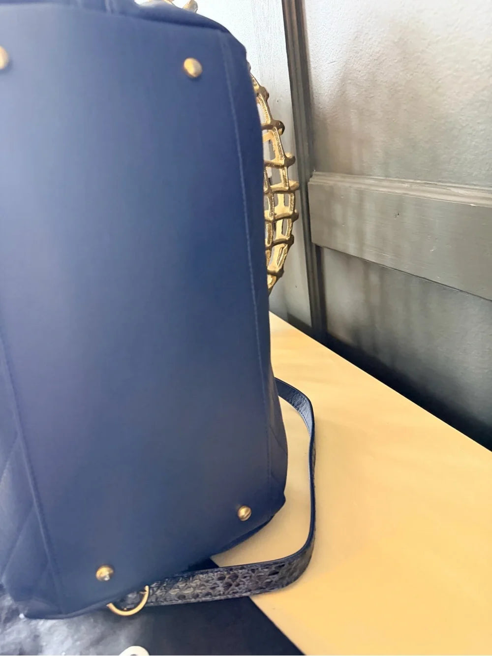 Chanel Chevron Chic Small Shopping Tote | Blue Calfskin & Python Trim — photo 10