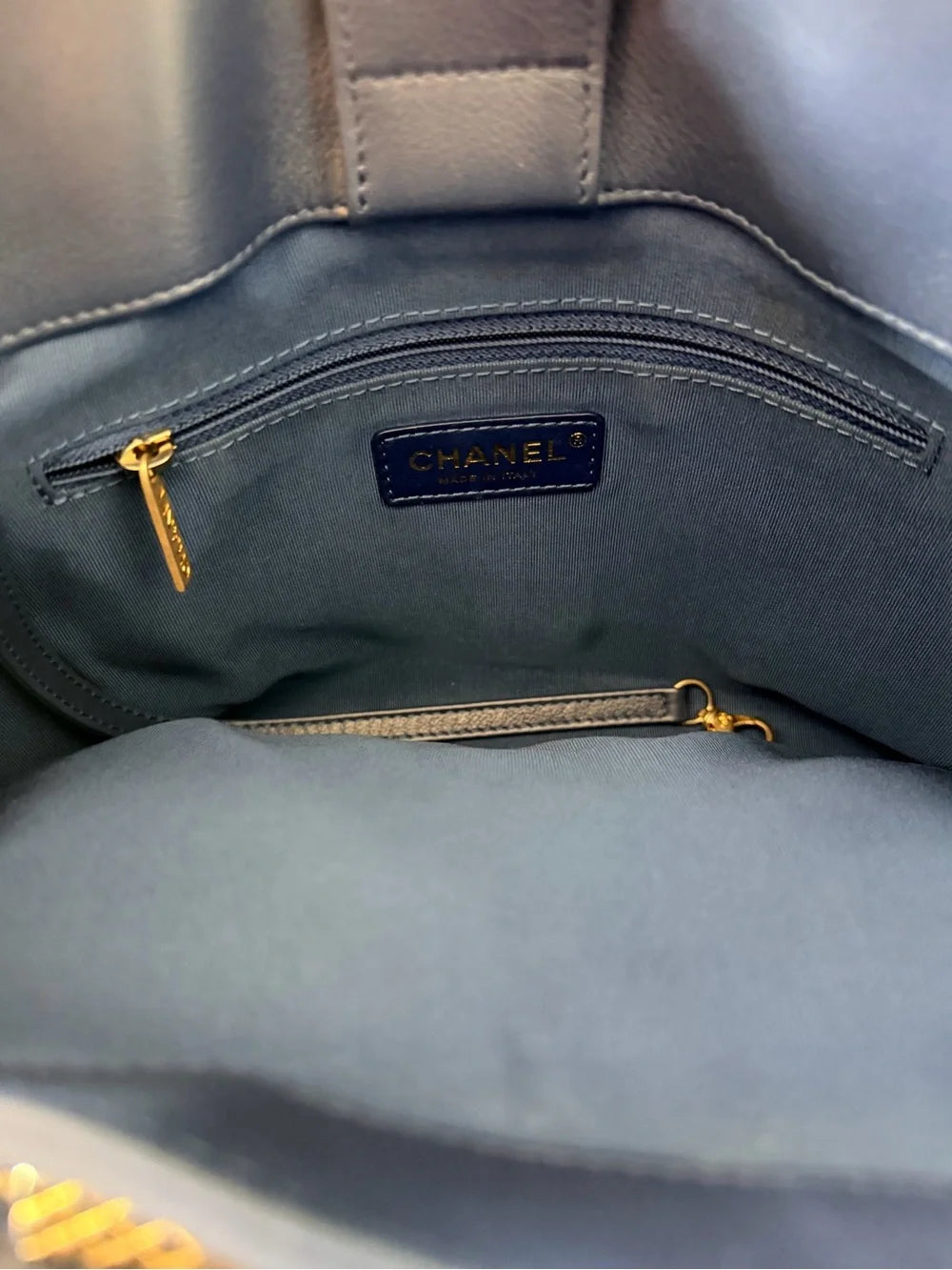 Chanel Chevron Chic Small Shopping Tote | Blue Calfskin & Python Trim — photo 11