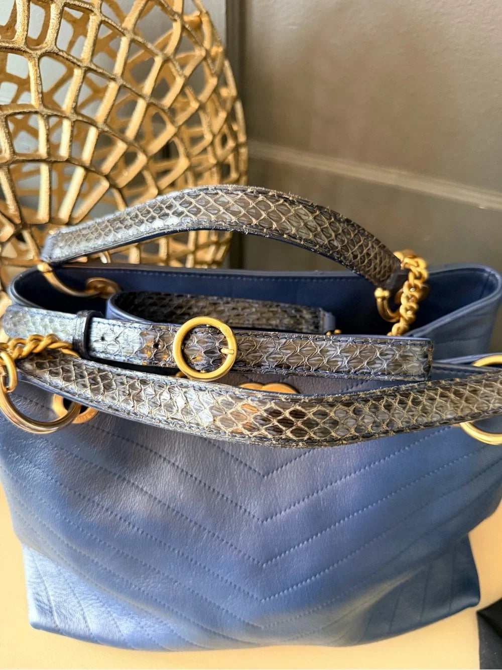 Chanel Chevron Chic Small Shopping Tote | Blue Calfskin & Python Trim — photo 16