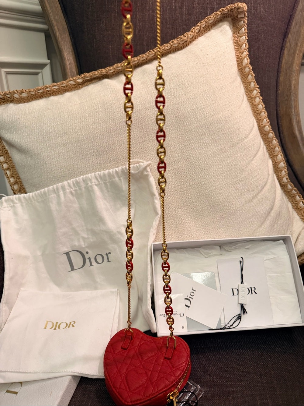 Dior Dioramour Caro Heart Pouch with Chain | Red Leather — photo 2