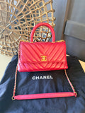 Chanel red chevron Coco Handle – Front view with detachable strap and Chanel dust bag
