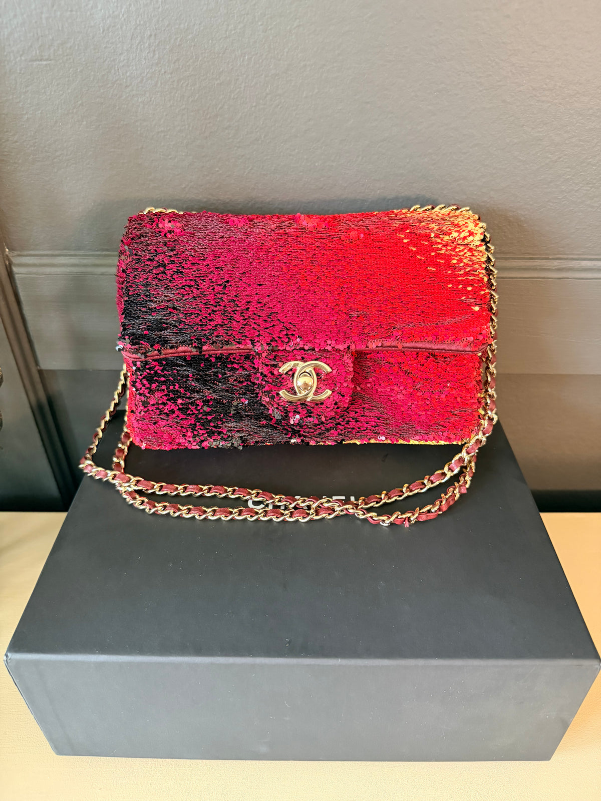 Chanel sunset shaded sequin mini flap bag — full front view