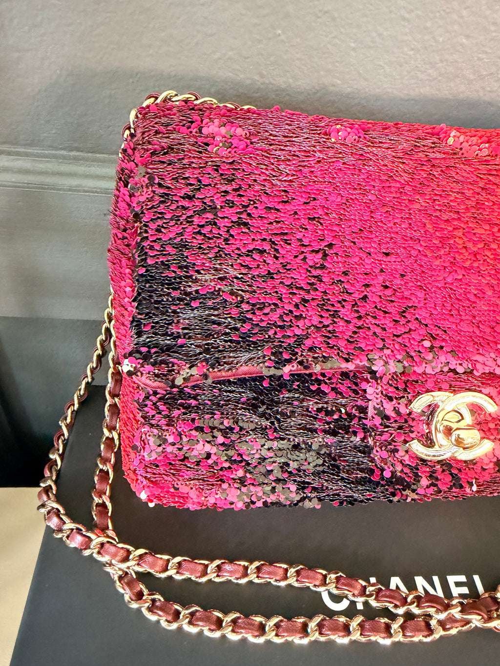 Chanel sunset shaded sequin mini flap bag — details