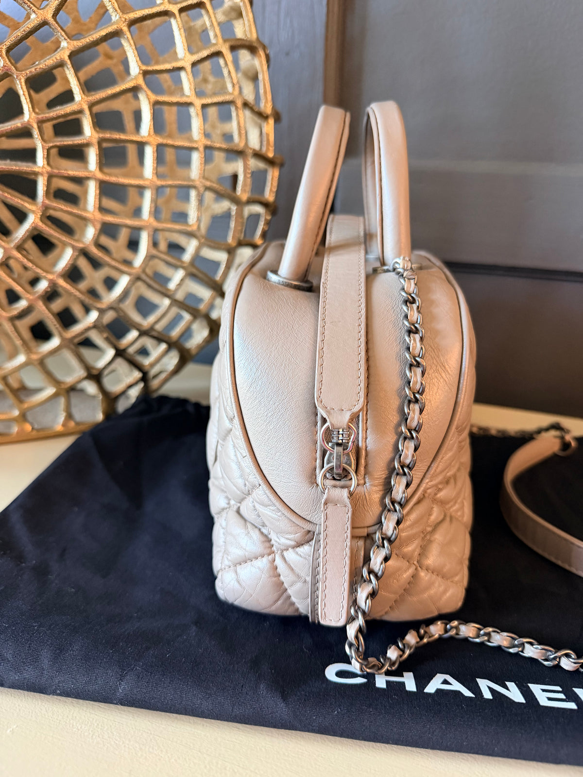 Chanel taupe grey bowling bag — IMG_1511.jpeg