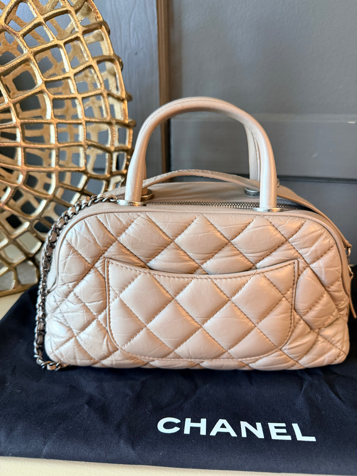 Chanel taupe grey bowling bag — IMG_1512.jpeg