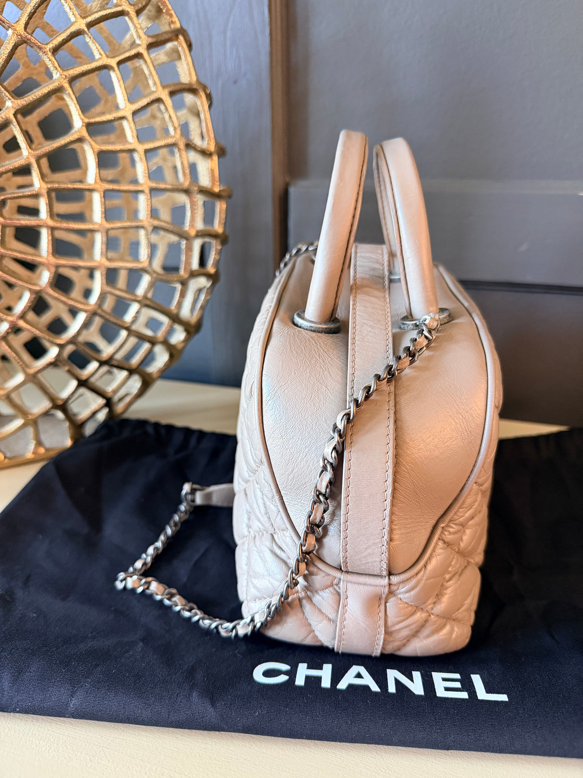 Chanel taupe grey bowling bag — IMG_1513.jpeg