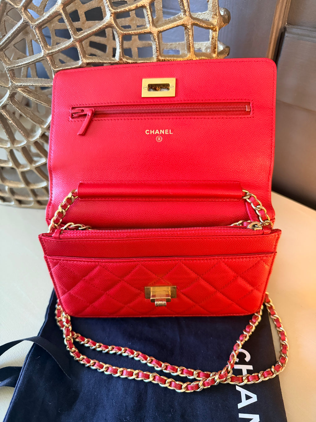 Chanel red caviar 2.55 wallet on chain detail 1431