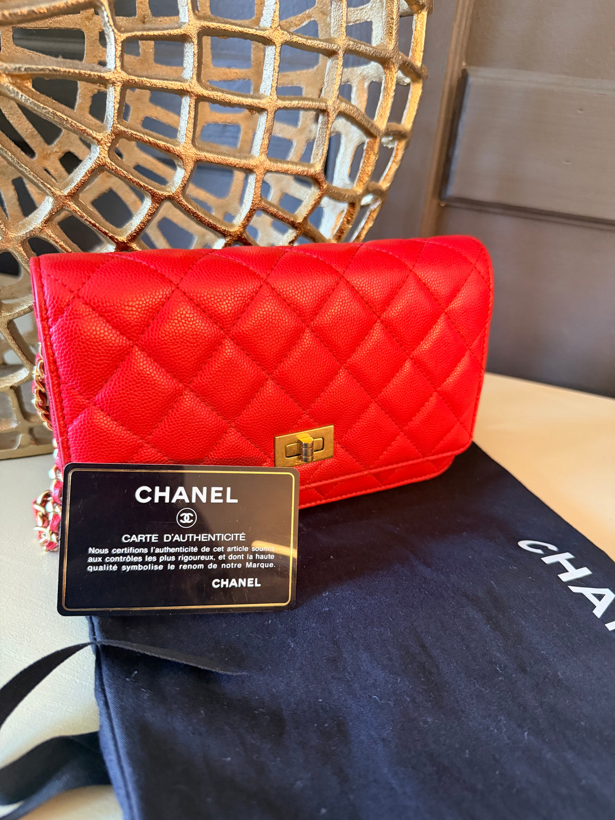 Chanel red caviar 2.55 wallet on chain full front view