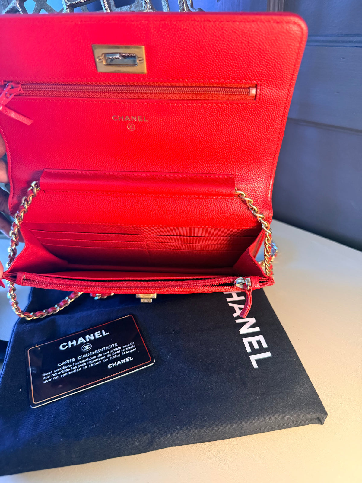 Chanel red caviar 2.55 wallet on chain detail 1434